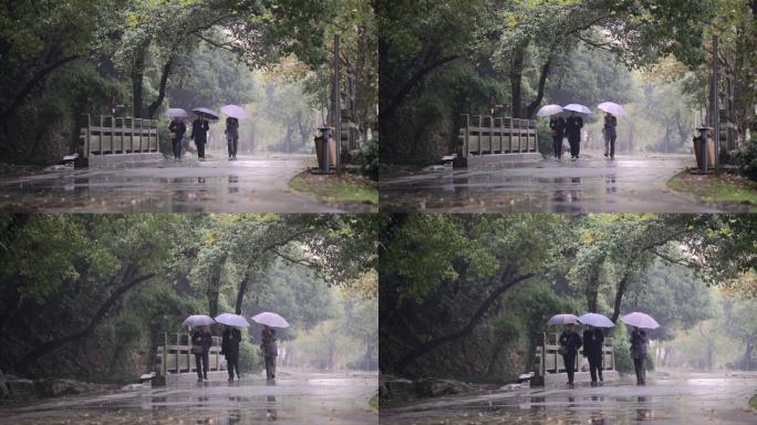 雨中散步的中老年人