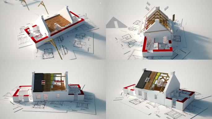 从蓝图到屋顶安装的不同施工阶段的3D动画