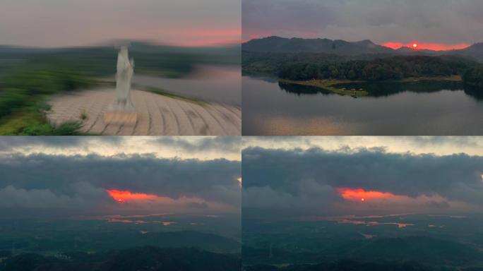 暴雨过后夕阳透射出光辉下的红安帝王湖