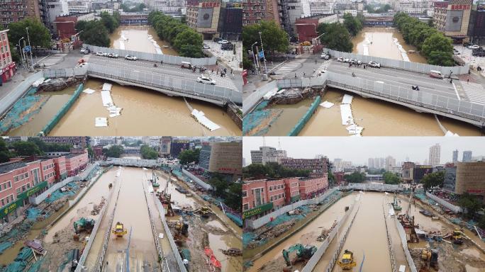 航拍720郑州暴雨火车站附近隧道淹没