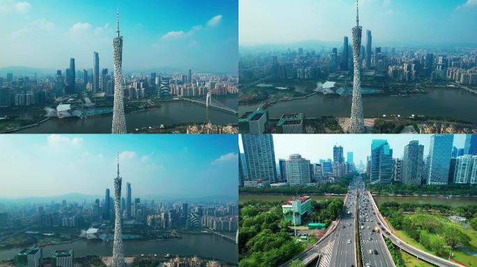 航拍广州塔和广州大桥交通2分56秒