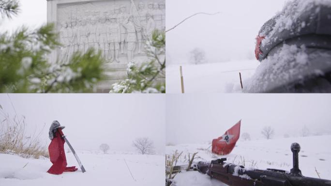 红军、雕塑、军帽、枪支、下雪、冰天雪地
