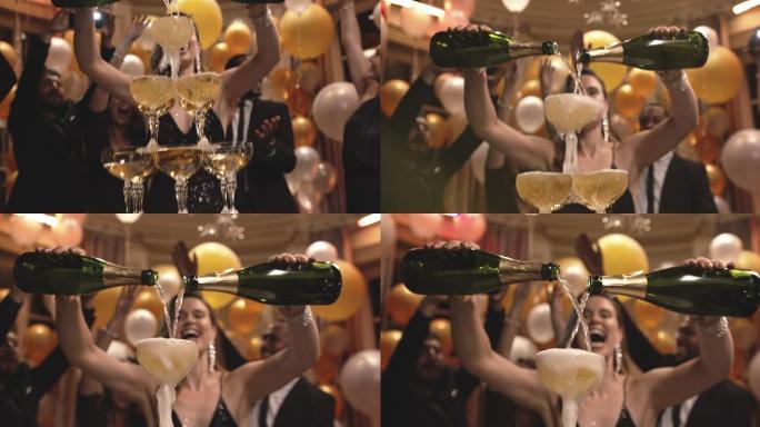 在聚会上，一位女士在玻璃杯里斟香槟
