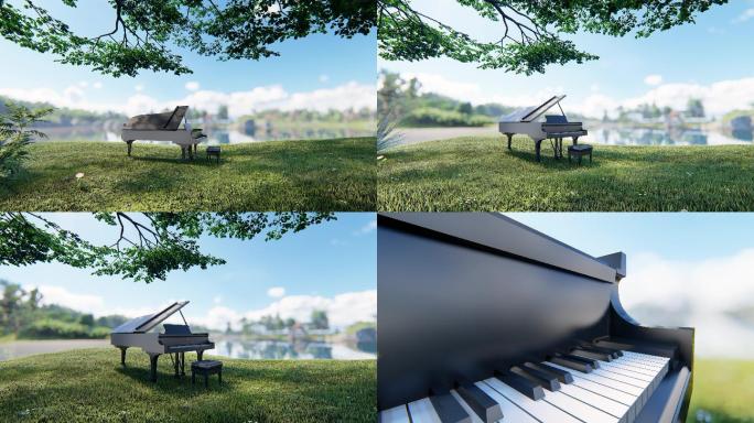 公园湖边钢琴意境