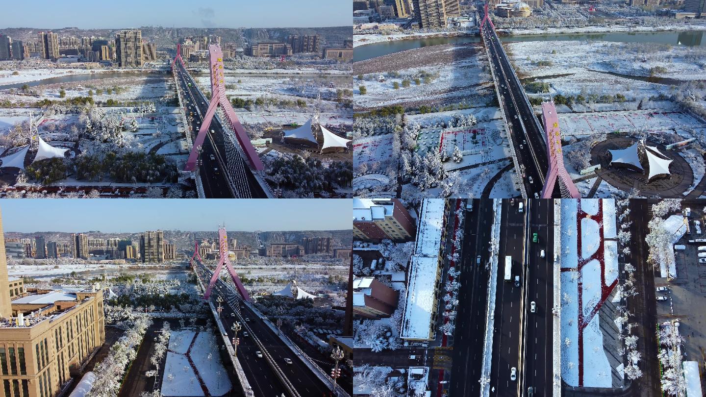 宝鸡桥梁蟠龙大桥城市发展道路快速干道雪景