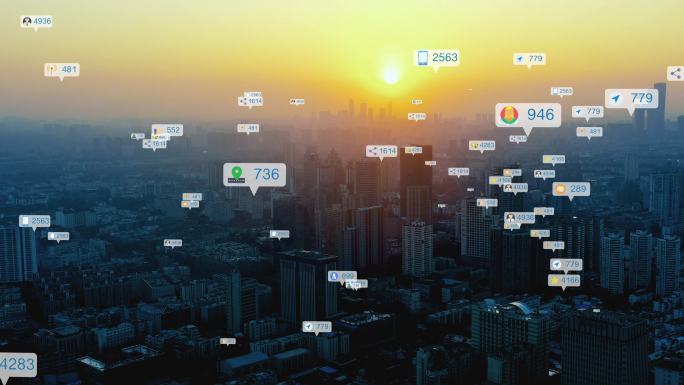 社交媒体通知图标在城市上空漂浮