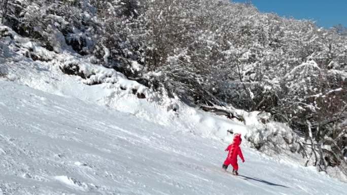 九鼎山太子岭穿恐龙滑雪服的小朋友单板滑雪