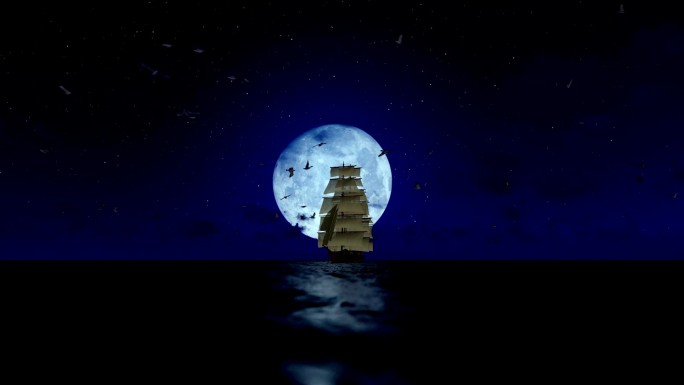 古老的海盗船航行特效海水月圆之夜