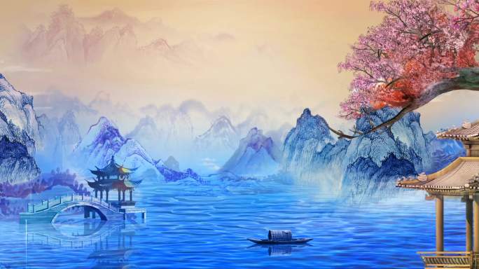 中国风 水墨画 园林 亭子 背景循环画面
