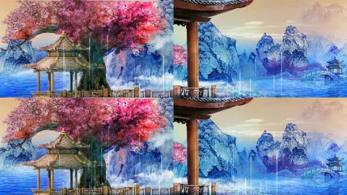 中国风 水墨画 园林 亭子 背景循环画面