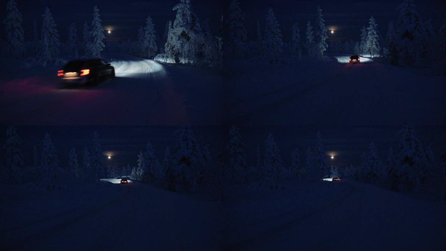 一辆汽车在被白雪覆盖的森林包围的雪地行驶