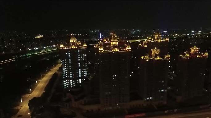 航拍夜景白天马头琴大桥内蒙古政府