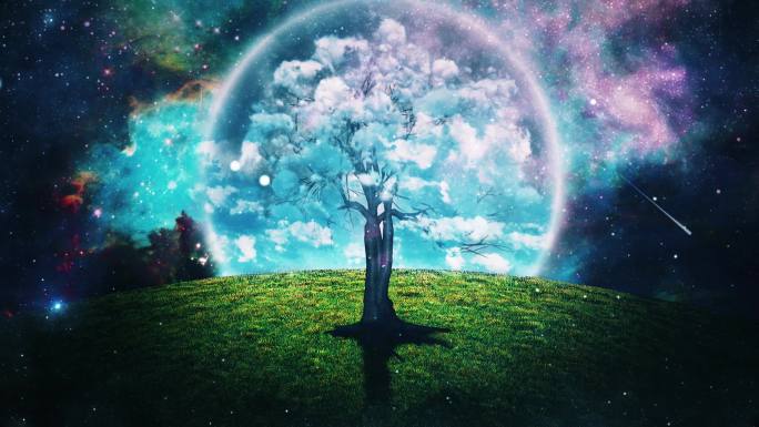 绿色草坪上的云树星空宇宙太空奥秘神秘大树