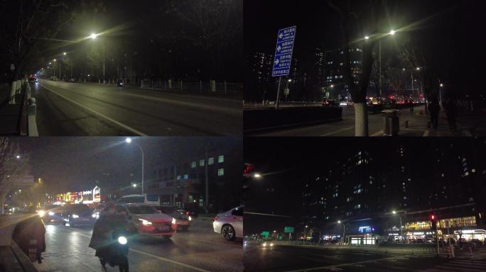 城市晚上街道夜景遛弯的人冬天的城市街道