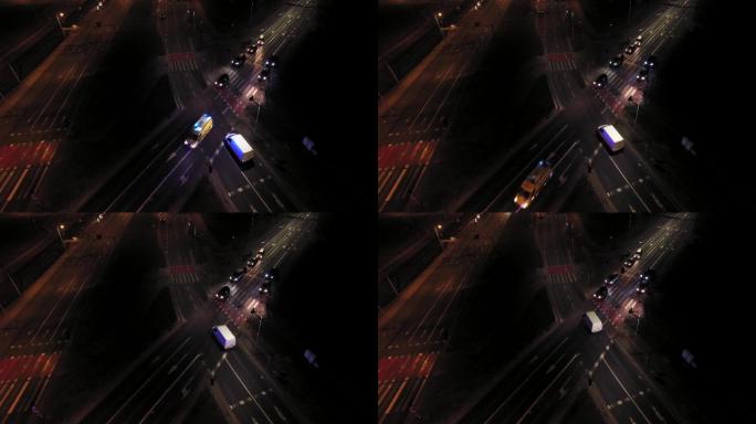 夜间救护车通过城市交叉口的空中交通