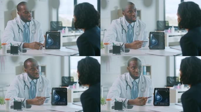 医生在一家医疗诊所的平板电脑上向患者解释