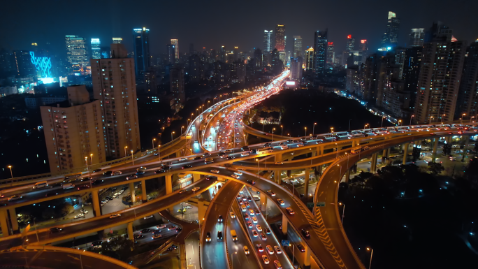 夜晚车流延时下班延安路高架航拍