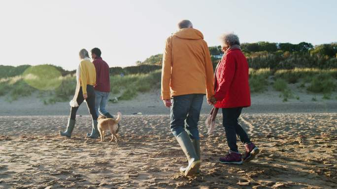 老夫妇和成年子女手牵着手沿着海滩散步