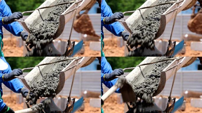 水泥车正在建筑工地上浇注水泥