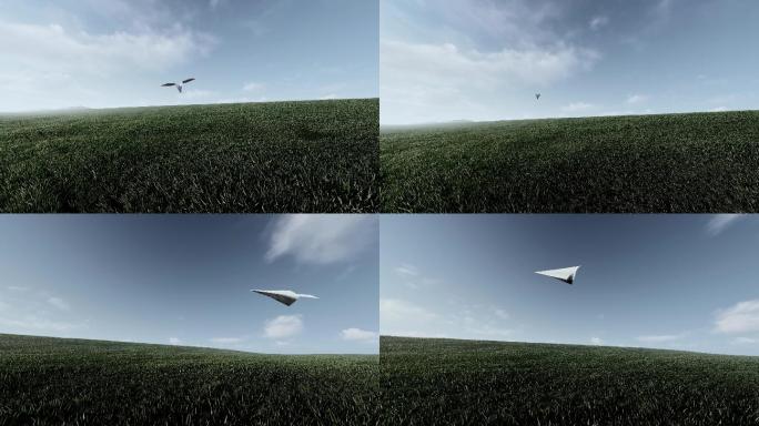 梦想纸飞机在蓝天白云阳光草地飞向美好未来