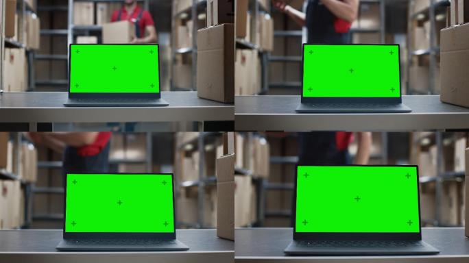 绿色模拟屏幕的笔记本电脑放在仓库的桌面