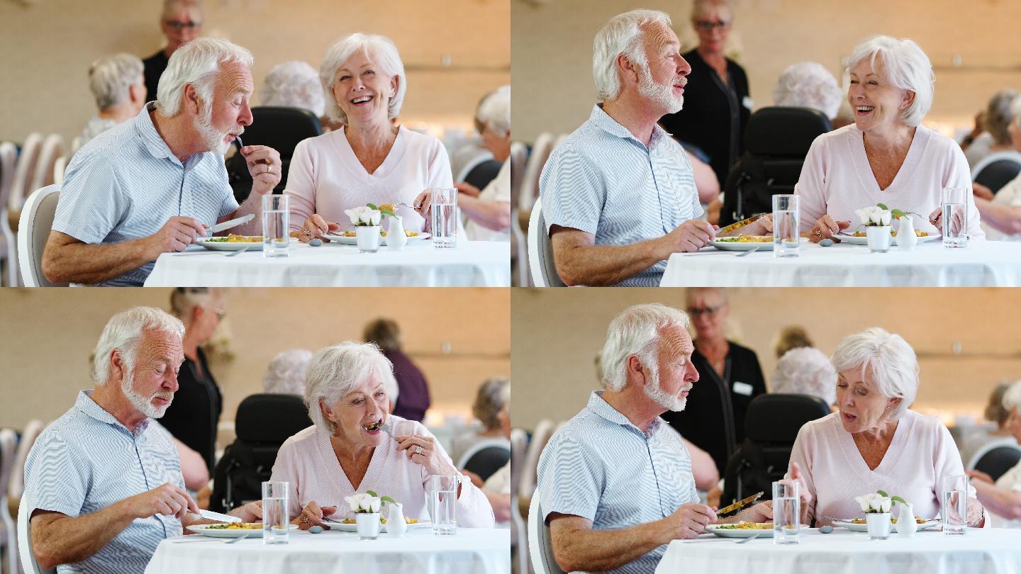 老年夫妇在养老院吃饭聊天