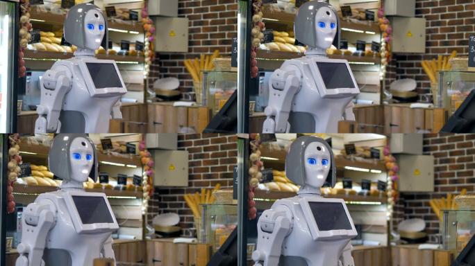 一个机器人在面包店柜台工作。
