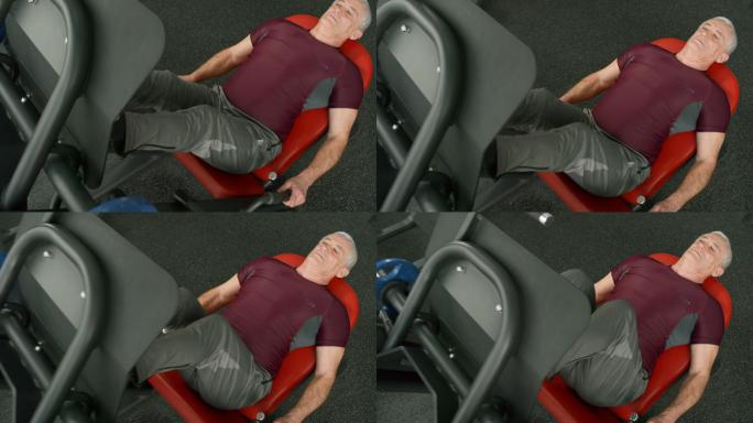 老人在健身房压腿机上的仰卧起做训练