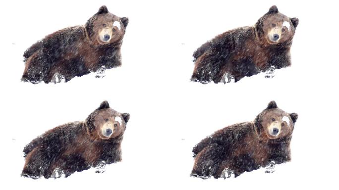 棕熊在雪地里雪地浣熊保护动物暴风雪