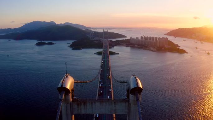 香港青马大桥香港岛航拍大景风光桥梁繁华