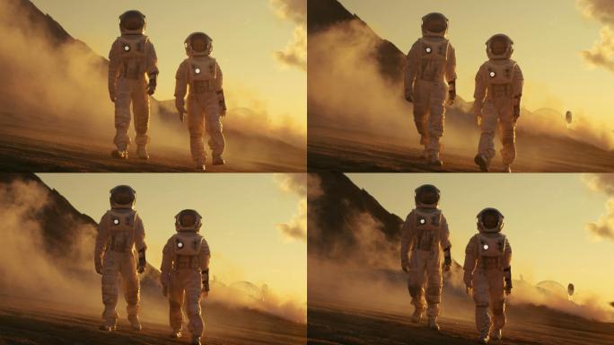 在火星上行走的两名宇航员