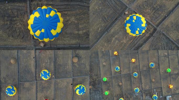 航拍太原稻田公园热气球群垂直上升