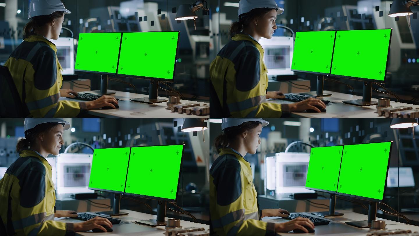 女工程师在两个绿色屏幕显示器上工作