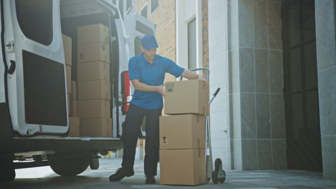 送货员使用装满纸箱和包裹的手推车，将包裹装入卡车