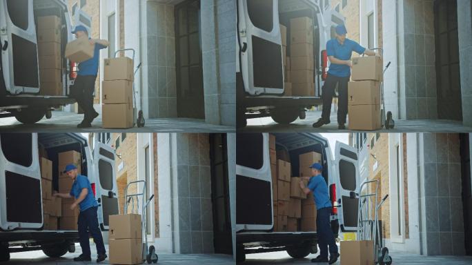 送货员使用装满纸箱和包裹的手推车，将包裹装入卡车