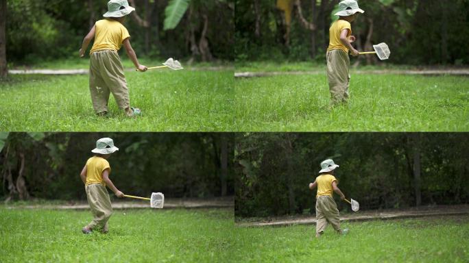 男孩在公园里捕捉蝴蝶