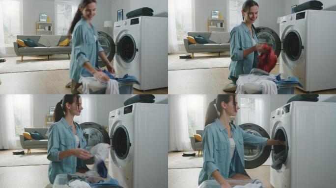 年轻女子把脏衣服装进洗衣机