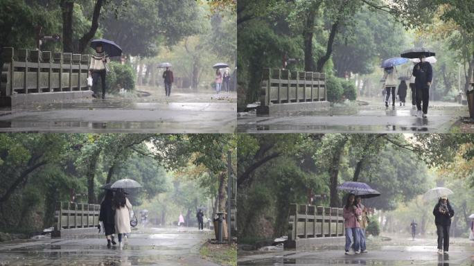 公园里雨中散步的行人