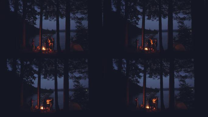 夏天的夜晚，年轻人在湖边围着篝火跳舞