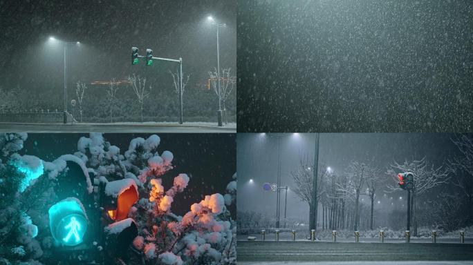 城市马路夜景下雪天