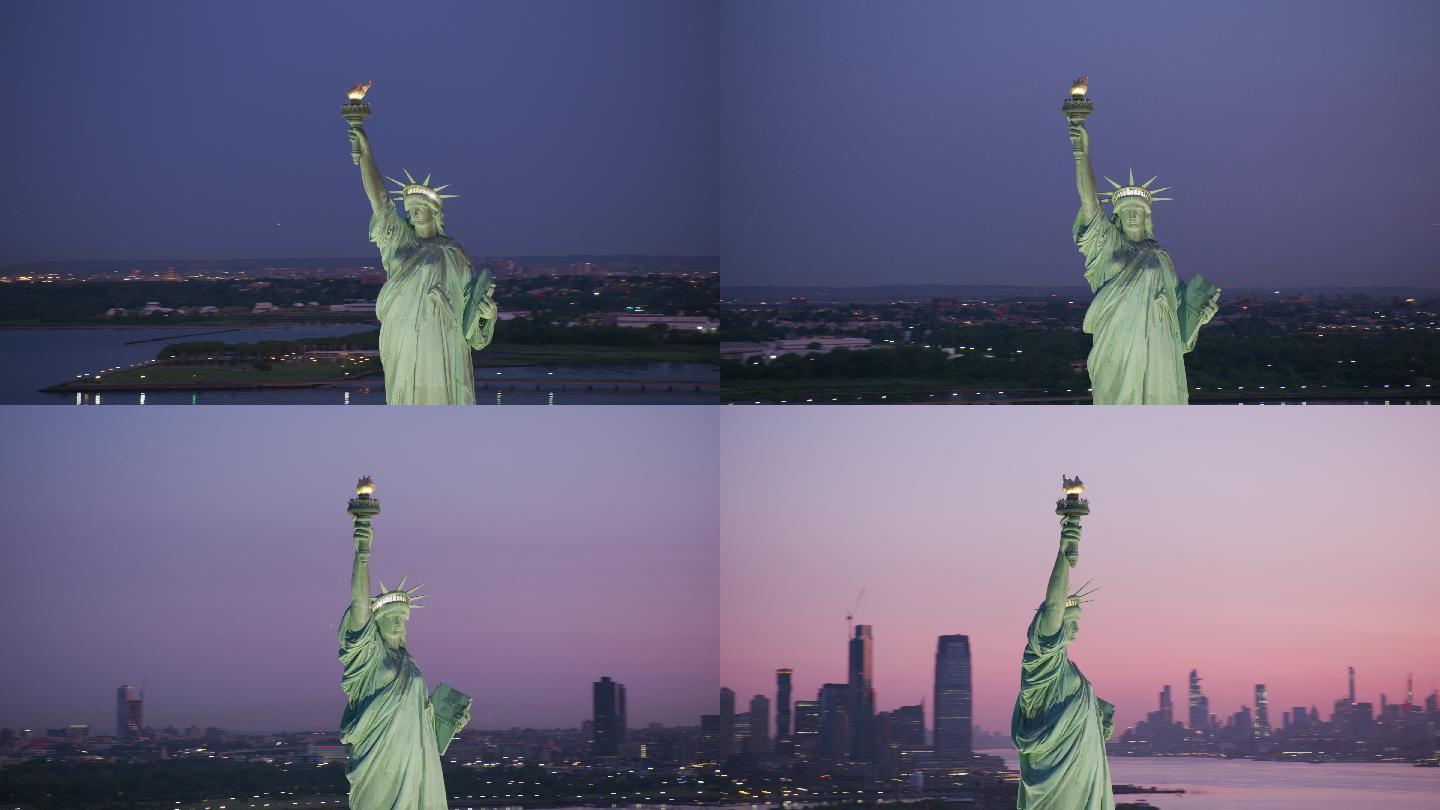 自由女神像航拍素材美国地标夜景民主