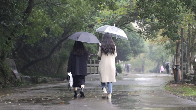 公园雨中时尚美女打伞的背影
