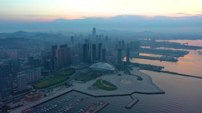 大连东港码头城市航拍夕阳日落