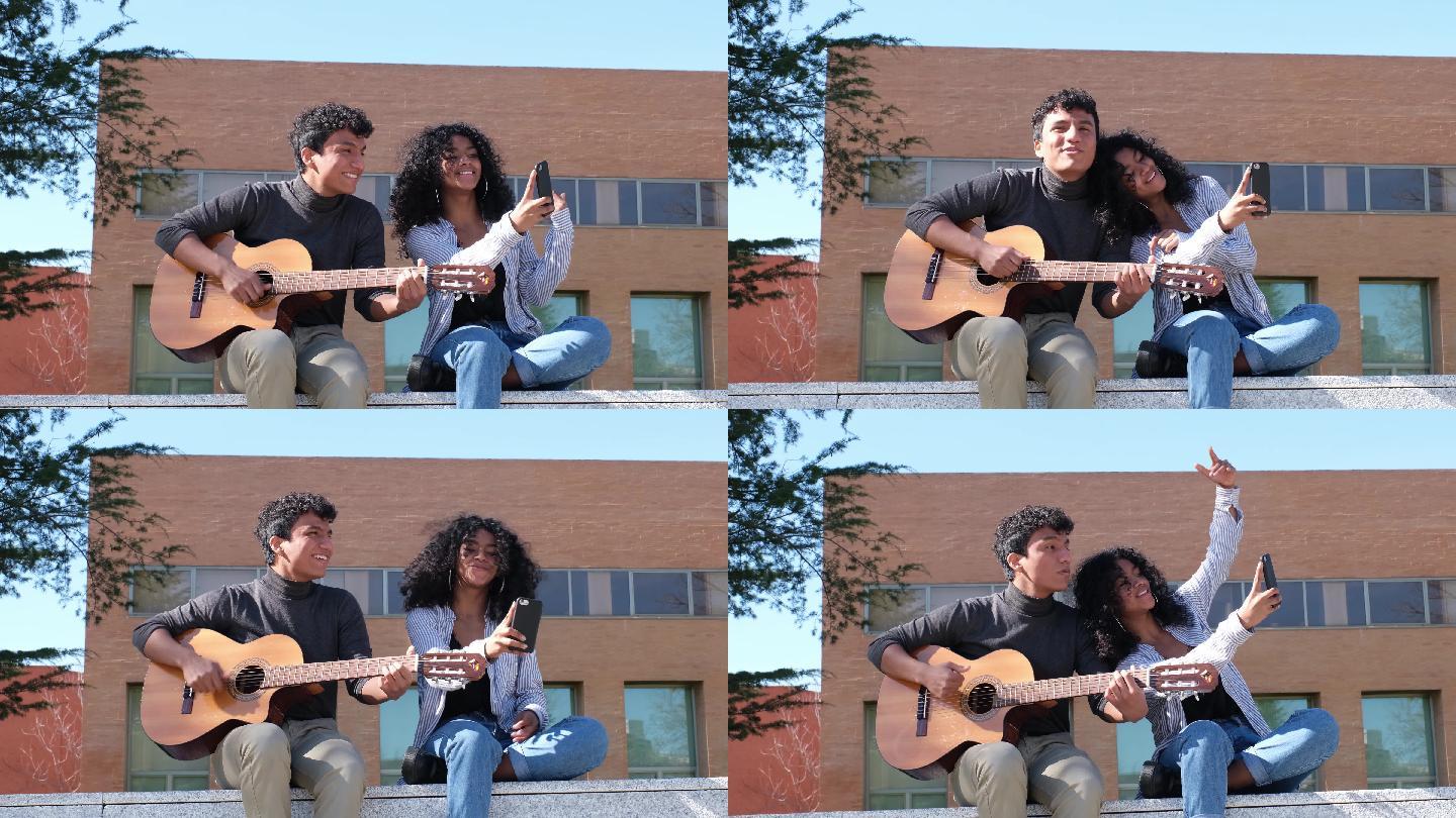 一对年轻情侣在大学校园里弹吉他