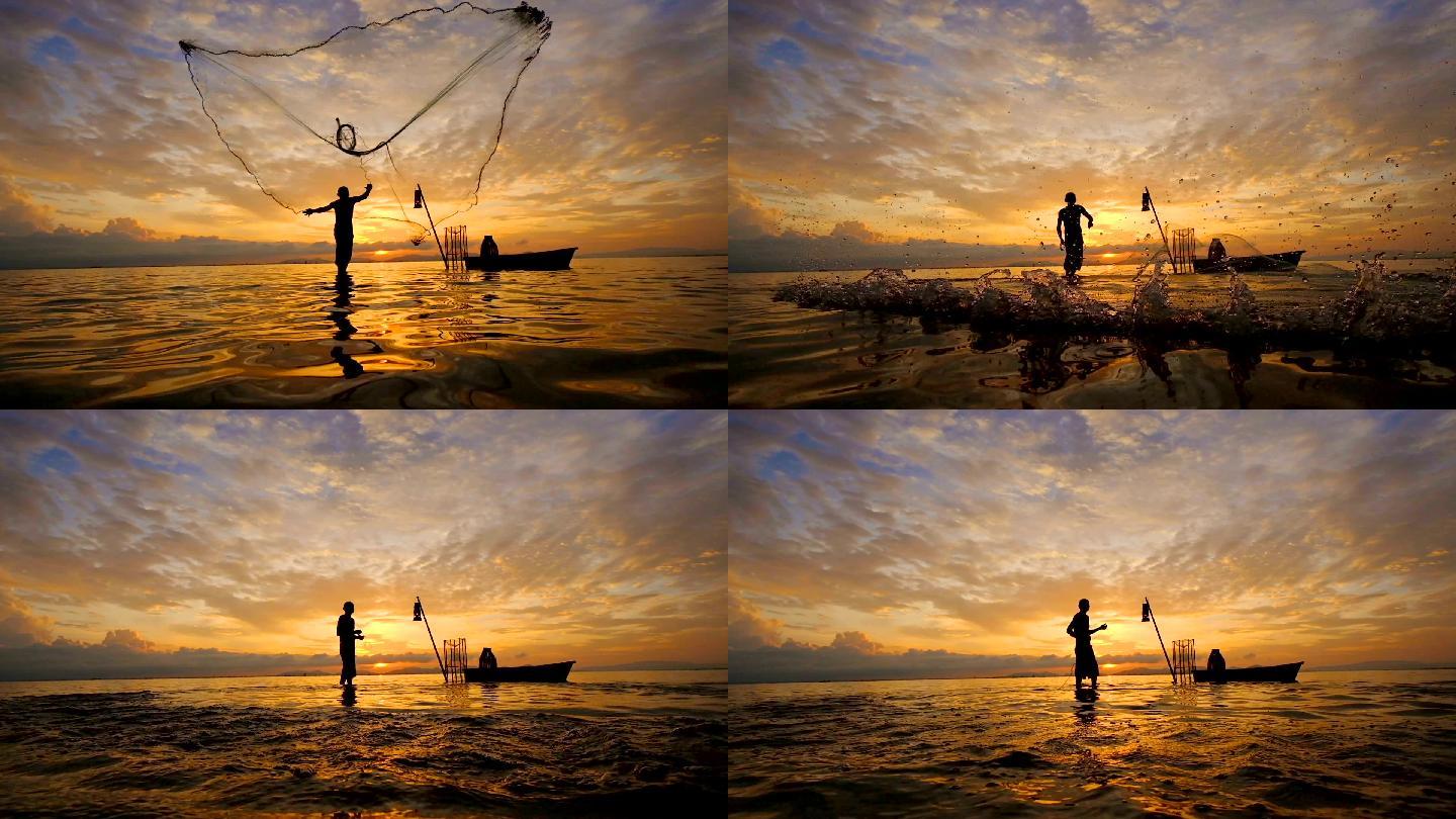 当地渔民在晨曦中工作的生活方式。