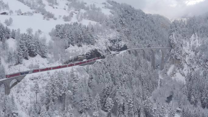 红色列车驶向高架桥和隧道