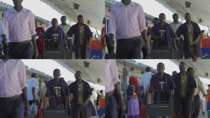 非洲坦桑尼亚火车站站台下车的乘客