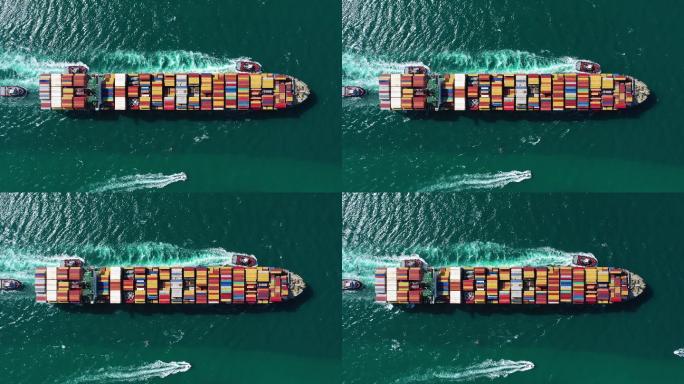 海上大型集装箱船俯瞰伴航跨国贸易远洋货轮
