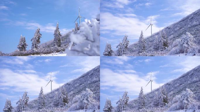 蓝天白云下雪地中的风力发电机