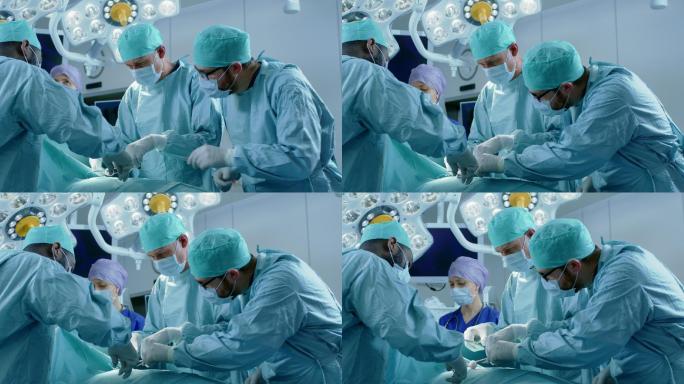 外科医生和护士在手术成功后缝合伤口。